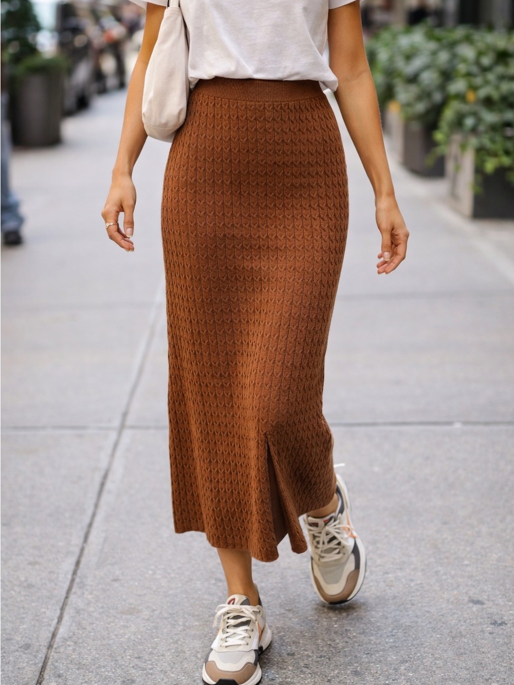 Joie Brown Cable Knit Midi Skirt XL Sporty Chic Comfort Minimalist Neutral Boho